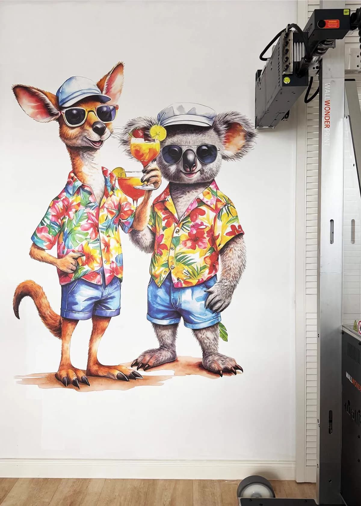 Colorful tropical animal wall art with wall printing robot in action by InnoPrint KSA