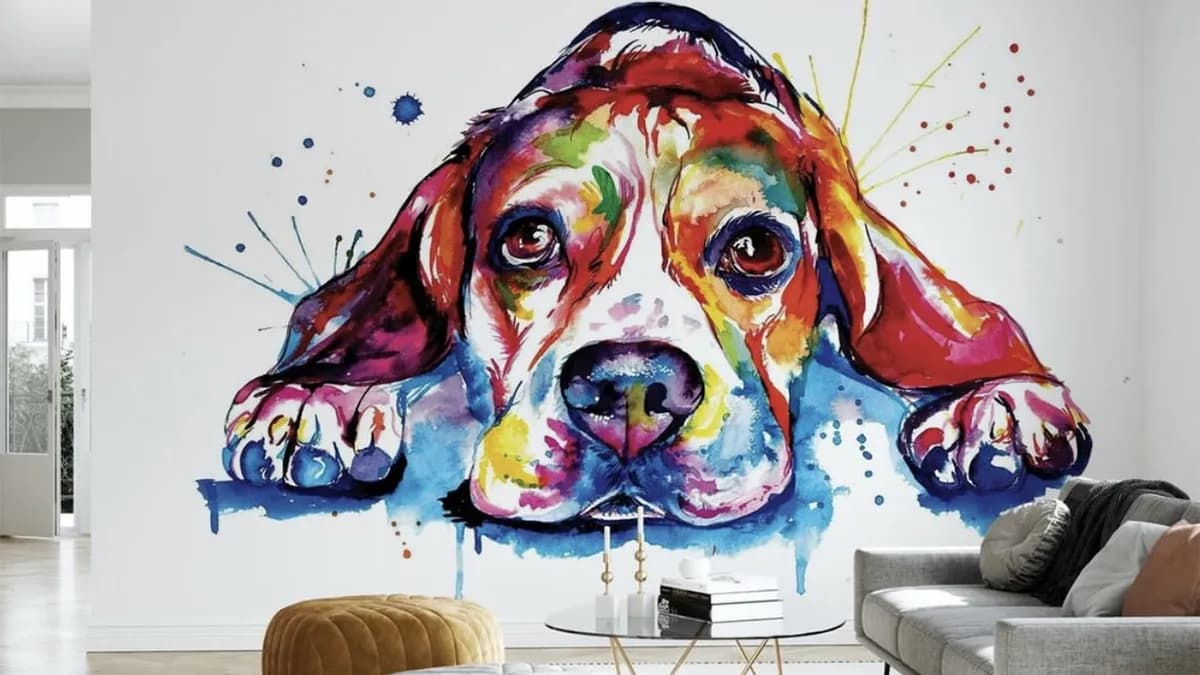 Vibrant watercolor dog mural in modern living room by InnoPrint KSA wall printing